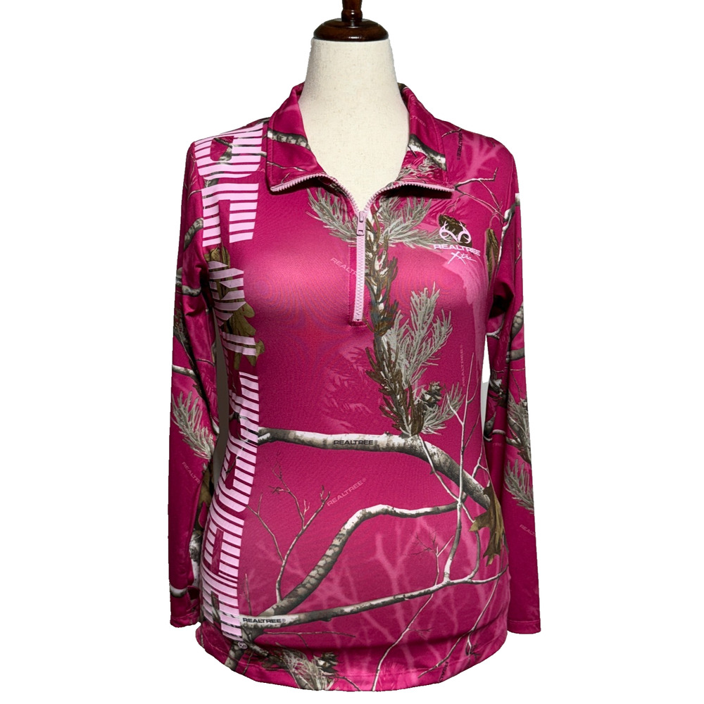 Realtree Top Womens XL Pink‎ Camo 1/4 Zip Pullover Thumbholes Spellout Outdoors